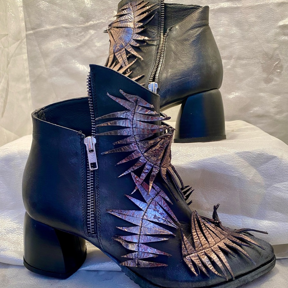 PAPUCEI Black and Bronze Fringe Ankle Boots